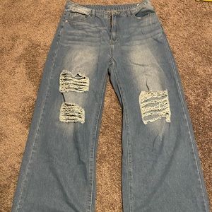 Romwe Wide Leg Blue Denim Ripped Jeans